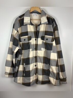 Natural Reflections Cedar Fleece Jacket Plaid Shacket Grey Cream Brown Size XXL